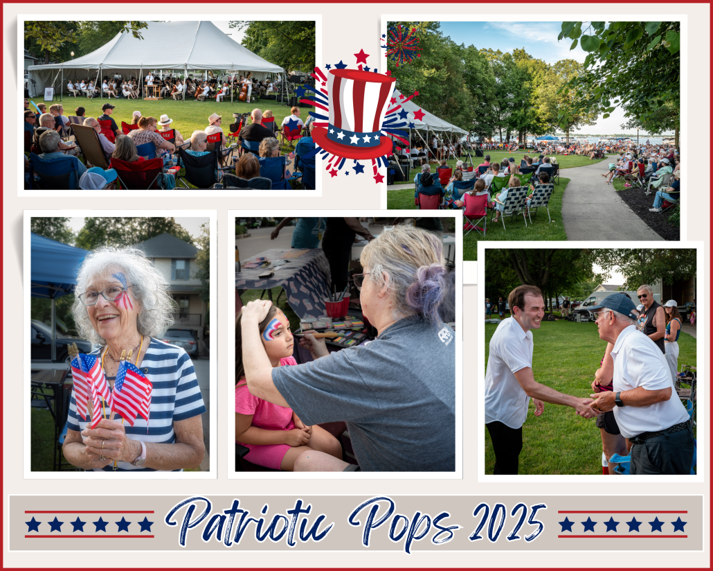 Scenes from Patriotic Pops 2025 concert, including orchestra under a tent, face painting, and board member, Mary Moretto, celebrating with flags.