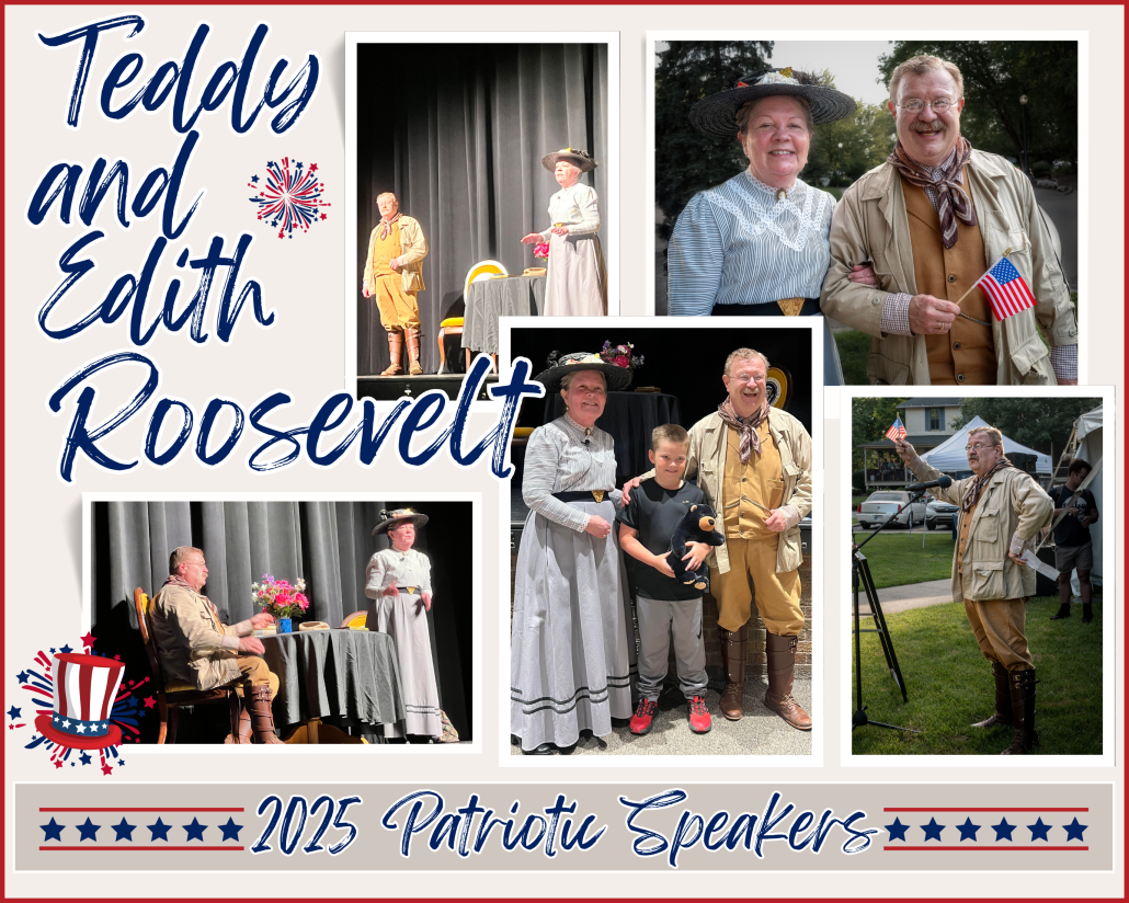 Teddy and Edith Roosevelt reenactors at 2025 Patriotic Speakers event, on stage and greeting attendees.